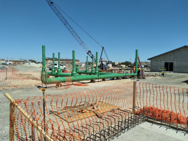 The Air Force’s new basic training facility required large diameter pipe and fittings to move 155ºF (68ºC) water effectively throughout the campus at 90 psi. Using PP-RCT pipe also enabled sections of the system to be fabricated and lifted into the trench. Courtesy: Asahi/America