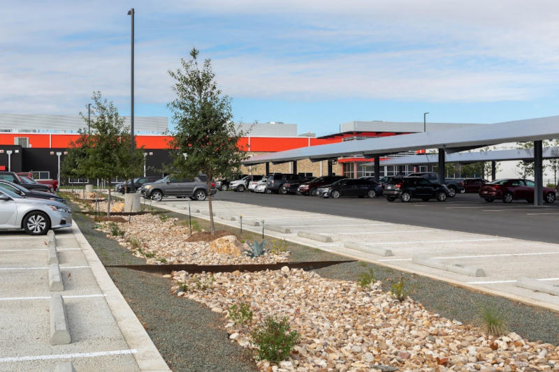 The bioswales on the Cuisine Solutions campus incorporate locally sourced materials and landscaping native to the region.