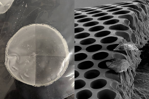 Penn State researchers will fabricate membranes with different surface pattern geometries and sizes to use in membrane capacitive deionization. The full membrane is seen at left, and at right, a portion of the membrane is seen under an electron microscope. The tiny wells allow sodium and chloride ions be filtered out of unclean water Credit: Arges Lab. All Rights Reserved.
