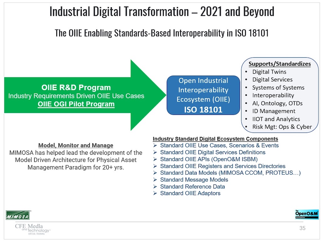 The Open Industrial Interoperability Ecosystem (OIIE) and ISO 18101 will enable industrial digital transformation by helping to model, monitor and manage an architecture for physical asset management, explains Alan T. Johnston MIMOSA President and Convenor of ISO TC 184/WG 6 – “Interoperability for Asset Intensive Industries” in an Oct. 21 Virtual Training Week course (archived for a year), called “Standards-based Interoperability for Digital Transformation in Asset Lifecycle Management.” The effort, involving a collaboration of many industry standards organizations and associations, supports and standardizes digital twins, digital services, interoperability, systems of systems and more. Courtesy: CFE Media and Technology Virtual Training Week, MIMOSA