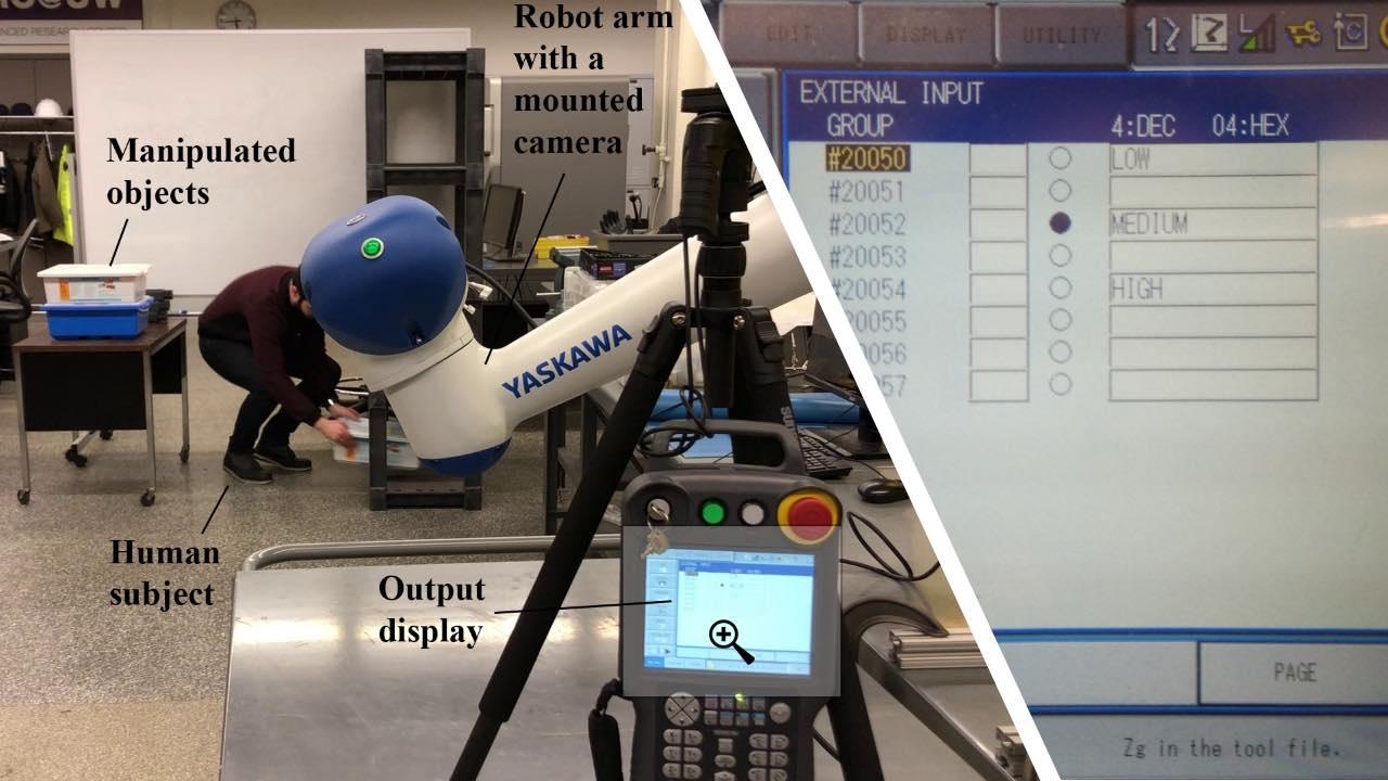 the researchers had a robot (white arm) monitor participants performing activities in a warehouse-like setting. Within three seconds of the end of each activity