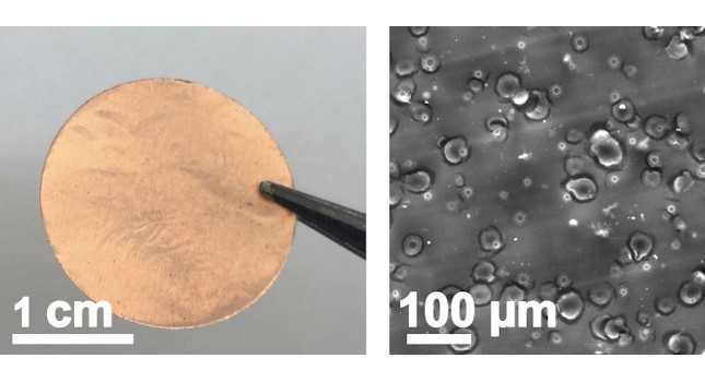 a copper current collector with a laser-induced silicon oxide coating created at Rice University. At right