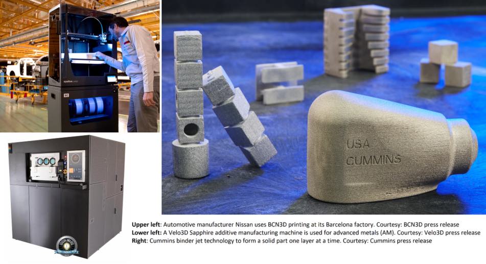 among others. Courtesy: Velo3D press release Right: Cummins announced investment in binder jet technology to form a solid part one layer at a time at 60 to 100 times faster than other laser-based printing processes. Courtesy: Cummins press release