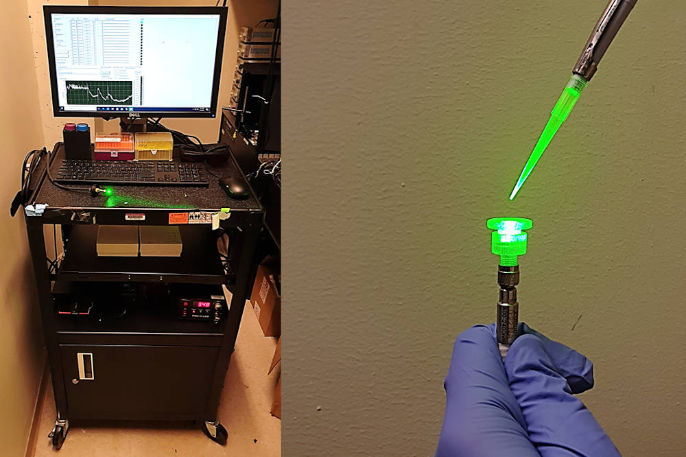 The researchers incorporated their sensor into a prototype with a fiber optic tip that can detect changes in fluorescence in the test sample. Courtesy: Massachusetts Institute of Technology
