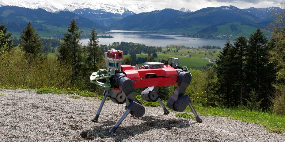 The legged robot ANYmal on the rocky path to the summit of Mount Etzel, which stands 1,098 meters above sea level. Courtesy: Takahiro Miki, ETH Zurich