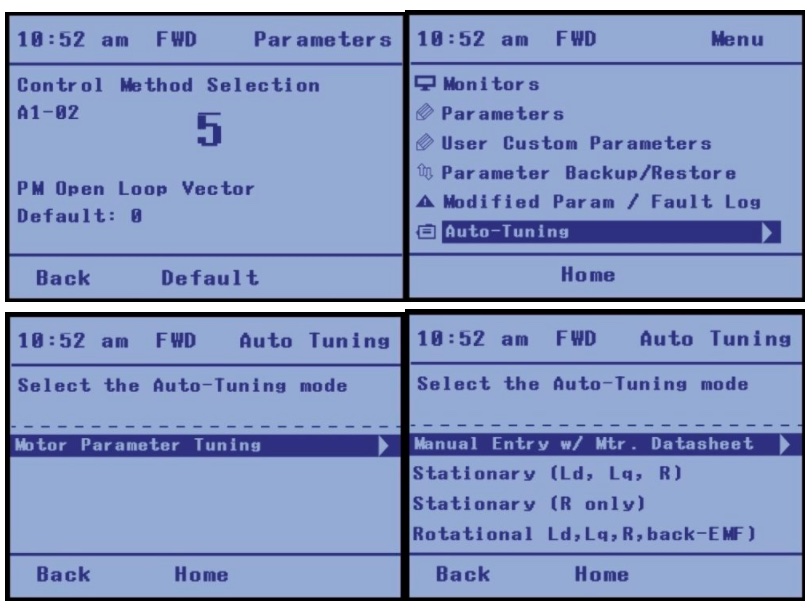 Figure 6: The first VFD screen shows a PM motor in the open-loop vector mode selected. The application is a blower fan and doesn’t require feedback, so it’s open-loop mode. In the next screens, proceed to the tuning section to enter the remaining data collected from the motor. Courtesy: Yaskawa