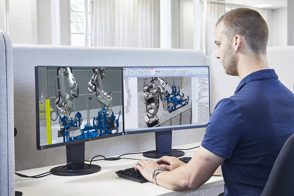 Virtual commissioning solution with digital twin technology leverages IIoT connectivity and data analytics to simulate robotic cells in the virtual world to predict and optimize how processes will perform in the real world. Courtesy: A3/ABB Inc.