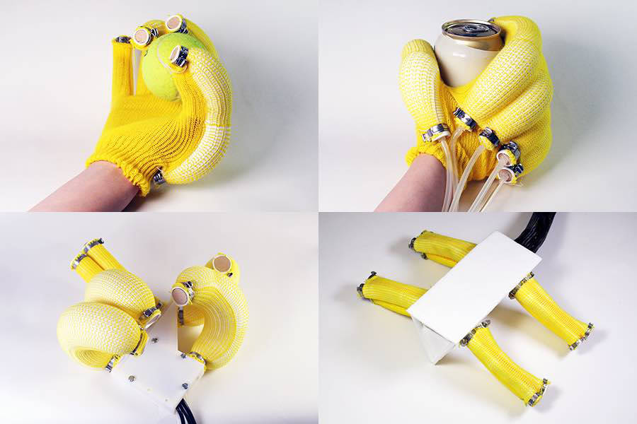 MIT scientists created a rapid design and fabrication tool, and created machine-knitted pneumatic actuators: an assistive glove, a soft hand, and a pneumatic quadrupedal robot. Courtesy: MIT CSAIL