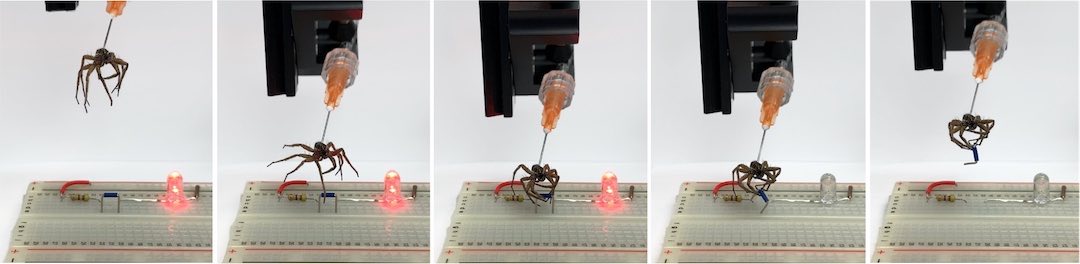 A gripper is used to lift a jumper and break a circuit on an electronic breadboard, turning off an LED. Courtesy: Preston Innovation Laboratory/Rice University