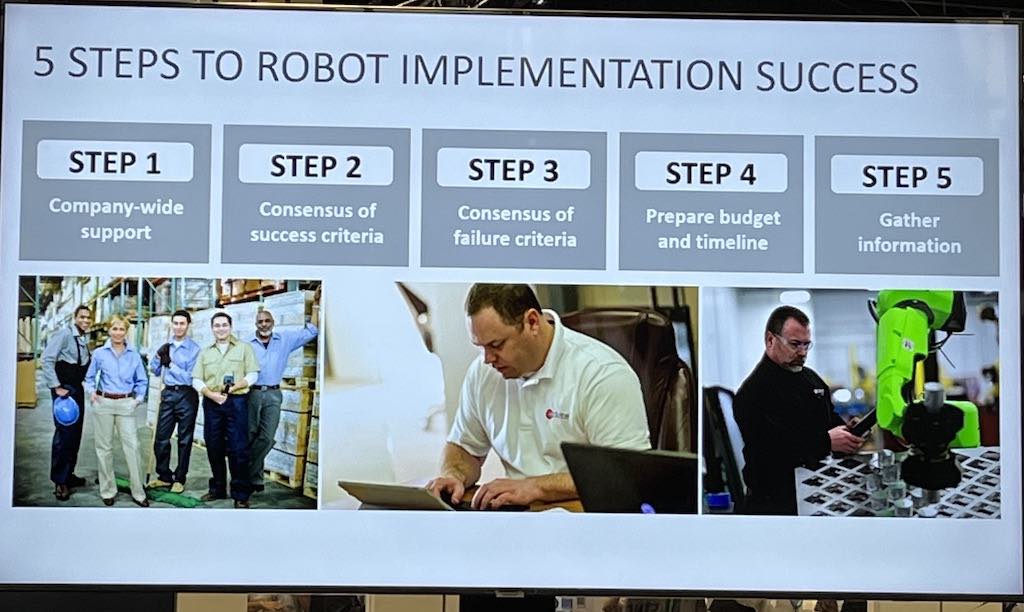 The five steps to a successful robotic implementation are company-wide support, defining success and failure, preparing a budget and timeline and gathering information about the company's operations. Courtesy: Chris Vavra, CFE Media and Technology
