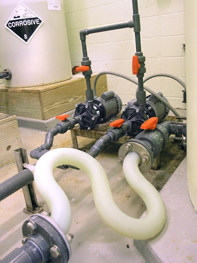 Corrosive chemicals are fluids that will attack and destroy the materials they encounter. Metals, stone, glass, elastomers, and even some types of plastics can be susceptible to corrosion from various fluids like acids, bases, and solvents. Courtesy: Finish Thompson Inc.