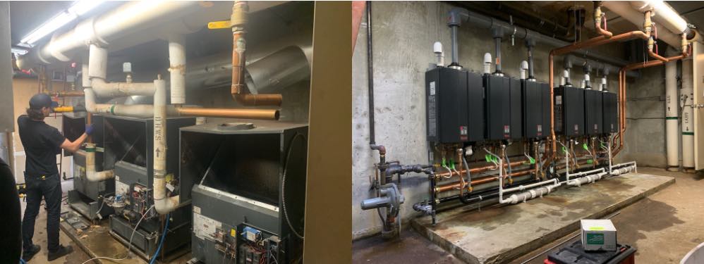 Photos of the before (left) and after (right) of the installation process performed by Rinnai at the Pan Pacific Whistler Mountainside Resort in Whistler, British Columbia, Canada. Courtesy: Pan Pacific