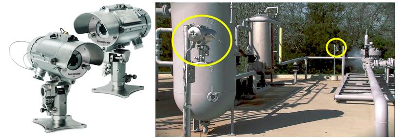 Figure 3: Emerson’s Rosemount™ 935 Open Path Combustible Gas Detector looks for attenuation of specific wavelengths caused by presence of a target gas. A gas cloud between the source and receiver triggers a response. Courtesy: Emerson