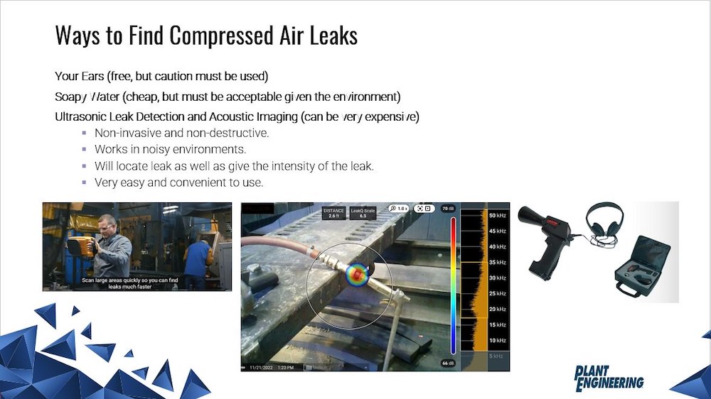 Figure 6: There are three main ways to find compressed air leaks. Courtesy: CFE Media and Technology