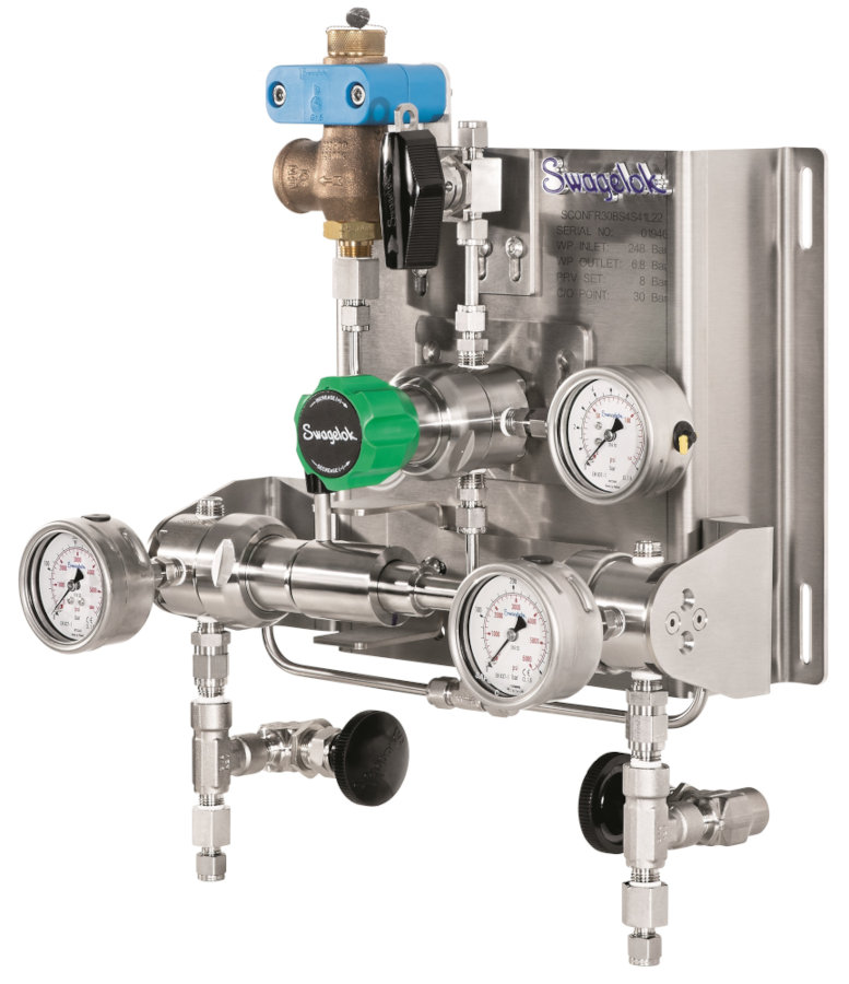 Figure 4. The automatic Swagelok Changeover (SCO) system seamlessly switches from one gas source to another to ensure an uninterrupted supply and helps to reduce wasted gas left in cylinders. Courtesy: Swagelok