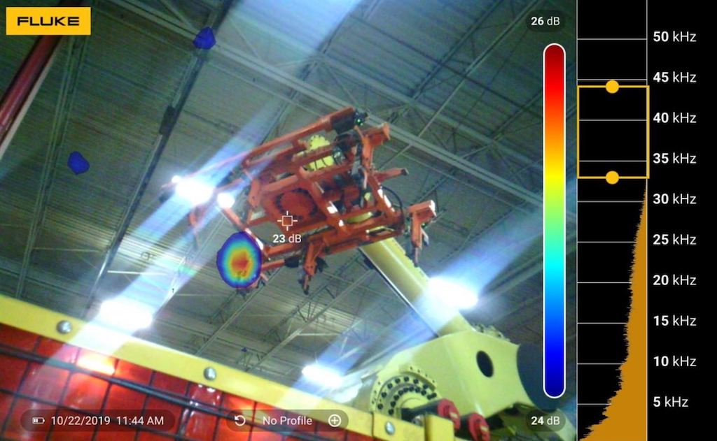 Figure 2: A pick-and-place robot with pneumatic suction cups. The Fluke ii900 Industrial Acoustic Imager captured air leaks in one suction cup from the ground floor. Courtesy: Fluke
