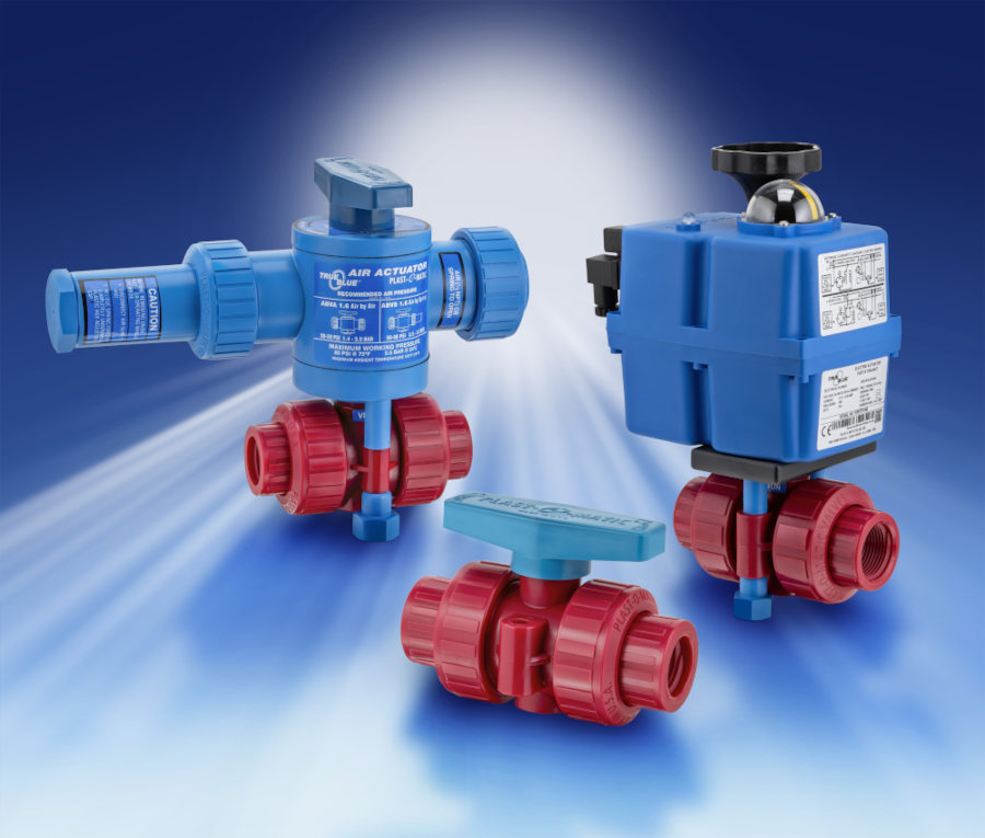 Figure 1: Red Kynar PVDF ball valves are available in various types and sizes. (From right to left, air actuated, manual and electrically actuated).
