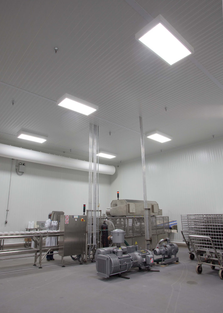 Photo 1 caption. Sealed luminaires installed in the U.S. Pet Nutrition plant in Lyons, GA., helped support certification by major accreditation organizations, including the FDA and the Canadian Food Inspection Agency.