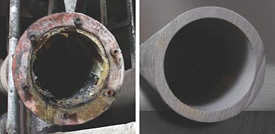 A metallic pipe (left) and a CPVC pipe (right) after the same length of service. The metallic pipe has significant fouling inside, while the CPVC pipe remains in like-new condition.