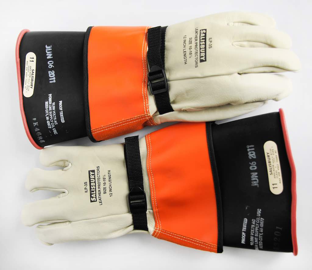 Figure 3: Rubber insulating gloves and leather protectors. Courtesy: Schneider Electric