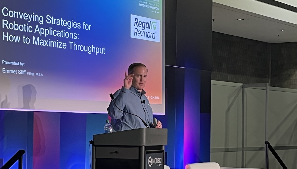 Emmet Stiff, new business development manager – ModSort at Regal Rexnord in his presentation “Conveying Strategies for Robotic Applications: How to Maximize Throughput” at Modex in Atlanta.