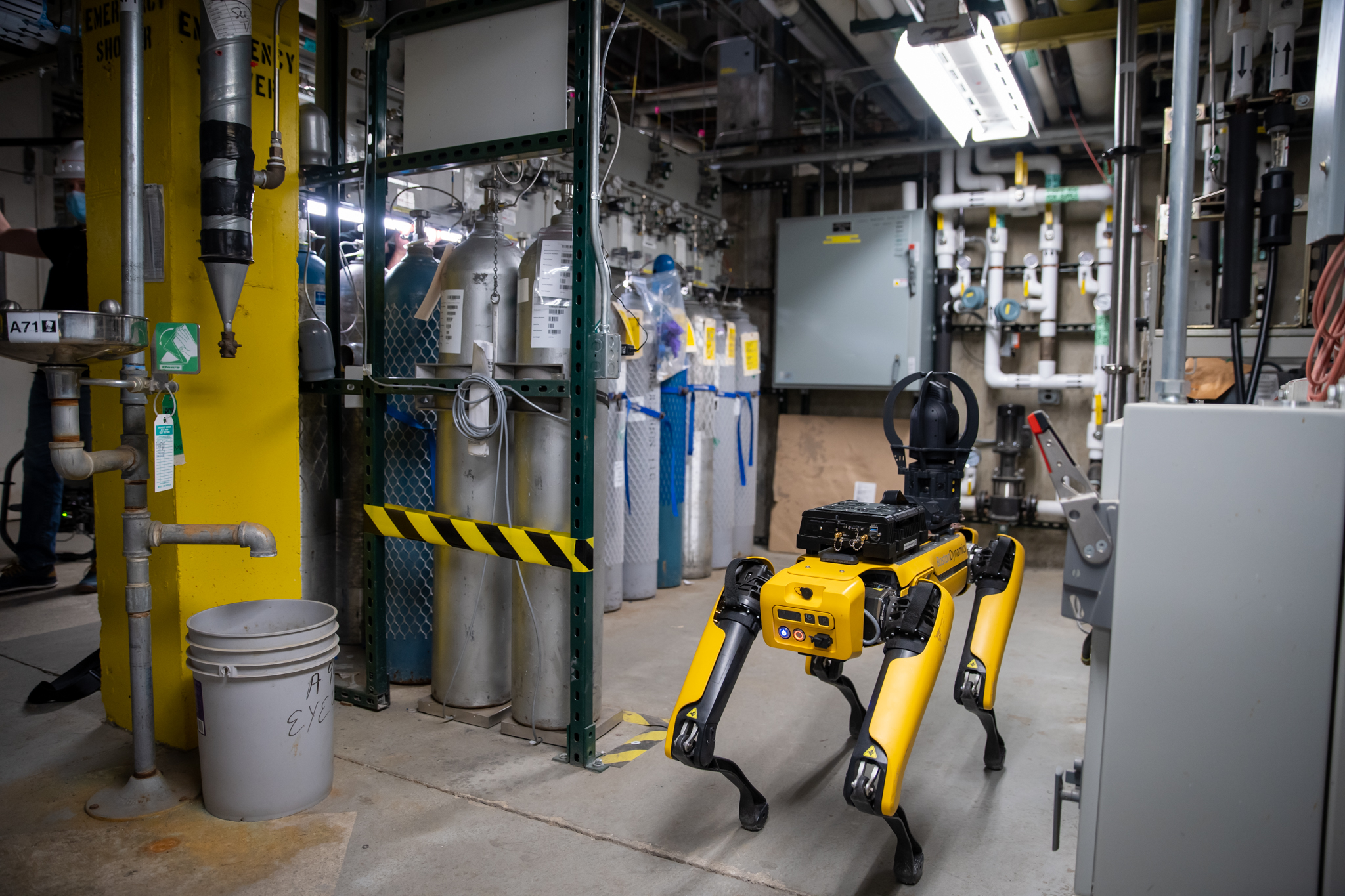 Figure 1: Spot, which is a robot outfitted with a Spot CAM + IR (an integrated radiometric thermal camera) payload, at GlobalFoundries' Essex Junction, Vermont, facility. Courtesy: Boston Dynamics