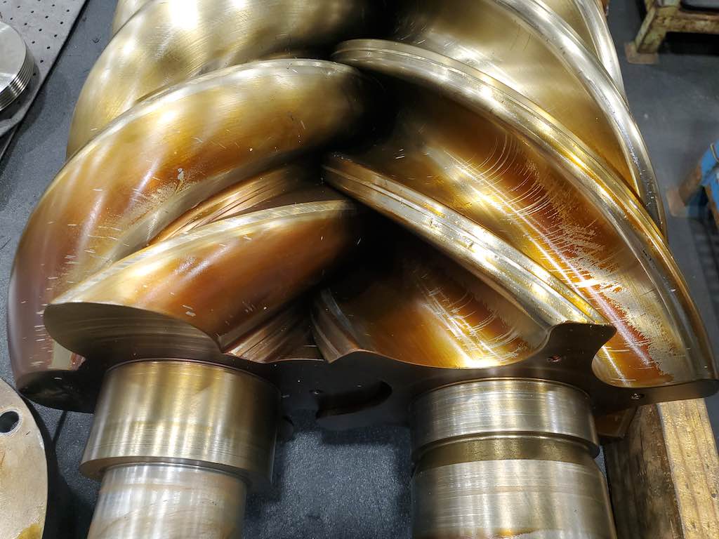 Figure 2: Varnish on an air compressor’s rotors can occur when the wrong lubricant is used or if the lubricant isn’t changed at regular intervals. Oil sampling can help identify when it is time to change out the lubricant. Courtesy: Hitachi Global Air Power