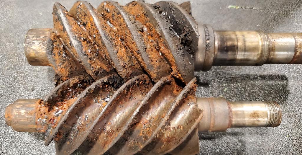 Figure 3: Example of what happens to air compressor rotors when lubricant has failed and the compressor is running on water. Courtesy: Hitachi Global Air Power