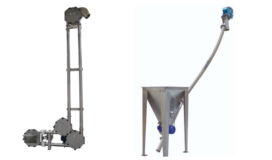 Figure 2: Left to right: An aero mechanical conveyor and flexible screw conveyor are shown. Courtesy: Spiroflow