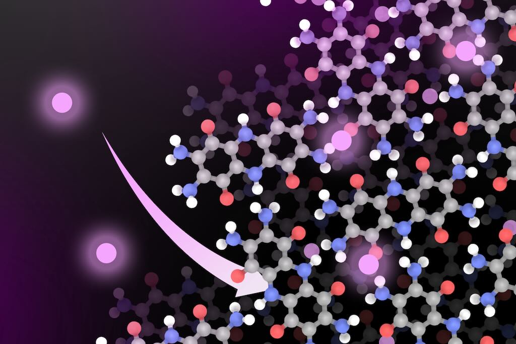 A new MIT battery material could offer a more sustainable way to power electric cars. Instead of cobalt or nickel, the new lithium-ion battery includes a cathode based on organic materials. In this image, lithium molecules are shown in glowing pink.