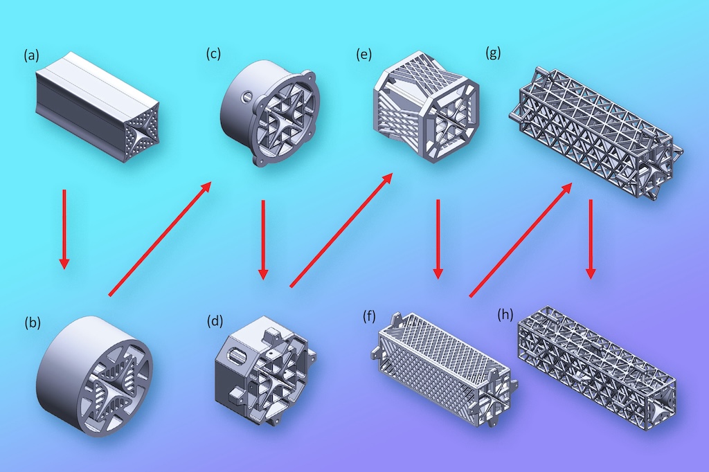 Because additive manufacturing allows the researchers to easily try new designs, they created a number of different quadrupole filters before arriving at the final iteration (h), which is surrounded by a series of triangular lattices to provide durability.