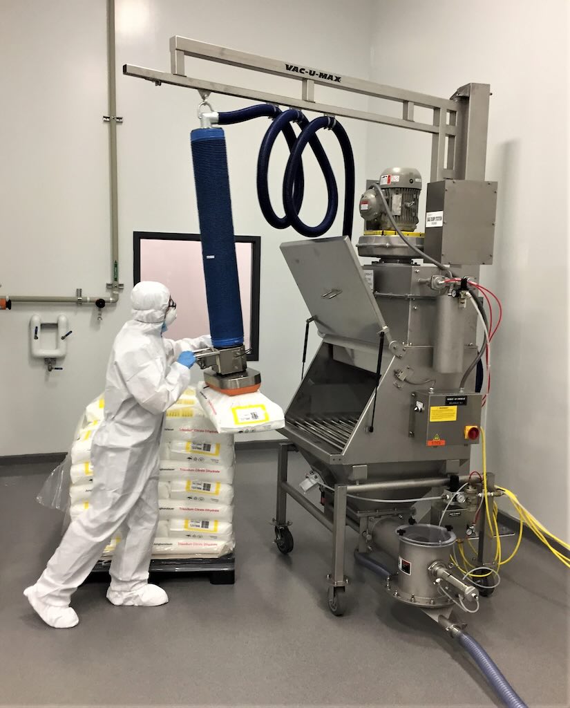 Figure 2: Bag dump station includes vacuum-assisted lifting to reduce exertion and reduce bending/twisting tasks.