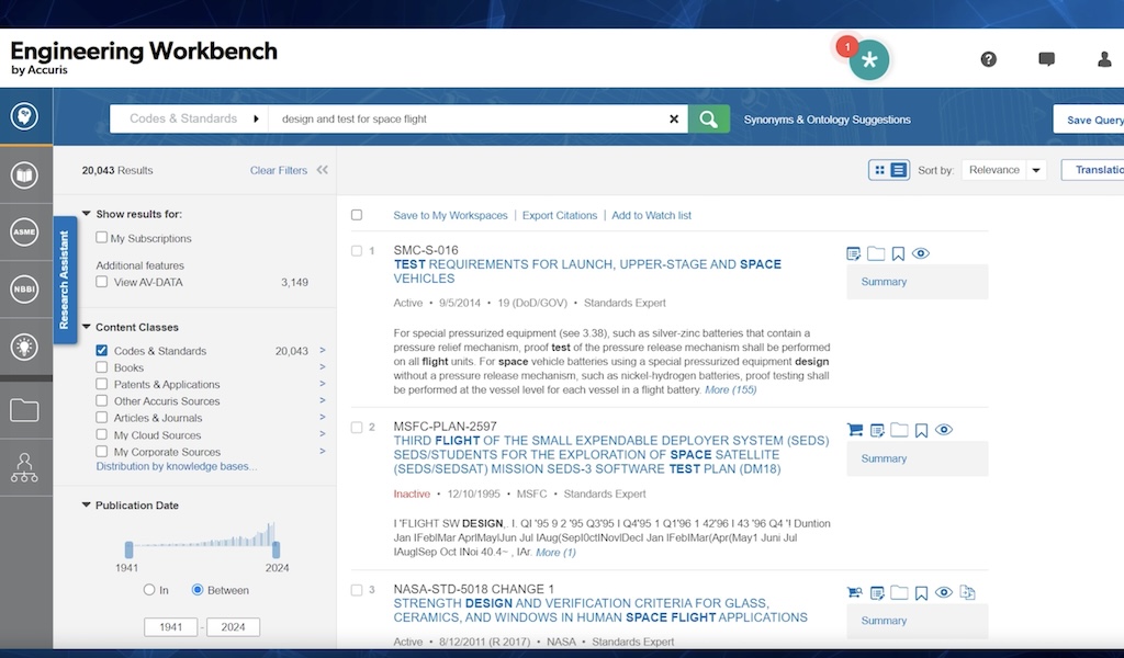 Figure 1: Engineering Workbench by Accuris surfaces the knowledge engineers need in seconds, pulling from the world’s largest collection of specs and standards from nearly 200 publishers.