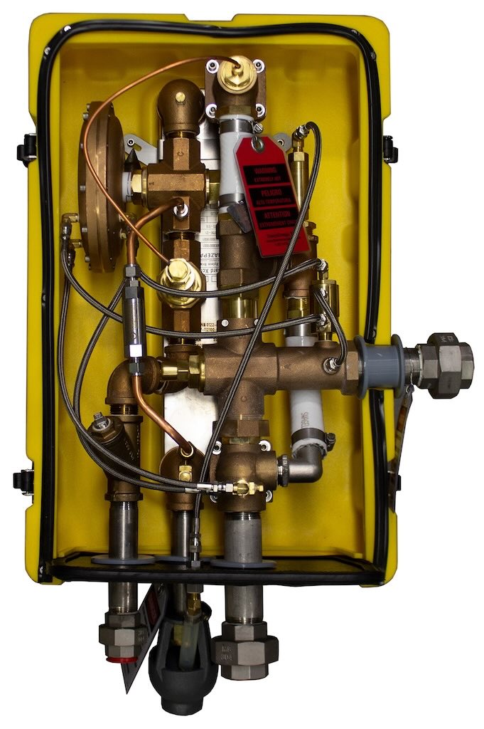 ThermOmegaTech’s Therm-O-Mix steam-fired tepid water delivery system uses existing plant steam and water to supply face/eyewash stations and safety showers with tepid water.