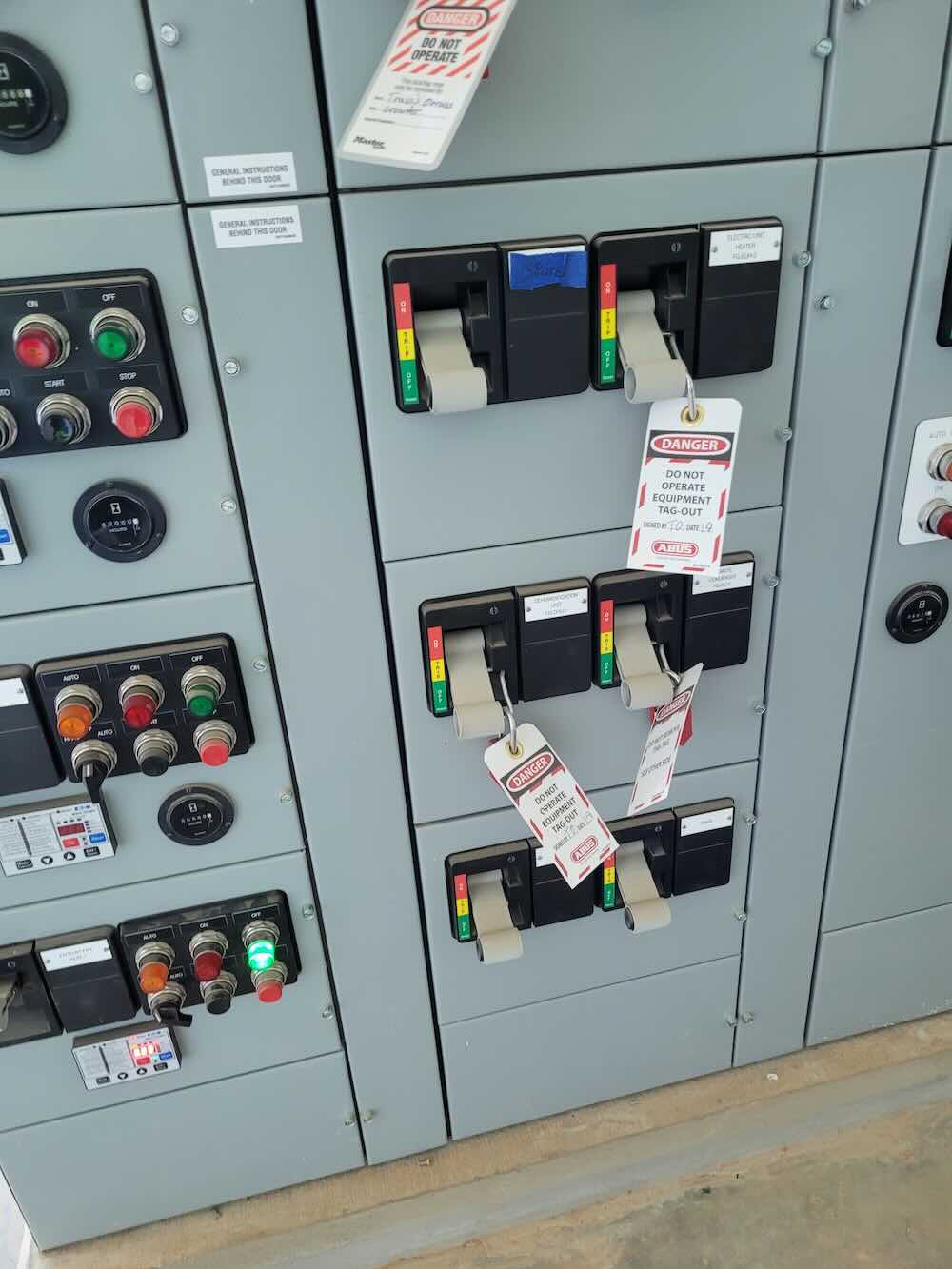 Figure 1: An example of a motor control center with lockout/tagout devices. Courtesy: CDM Smith