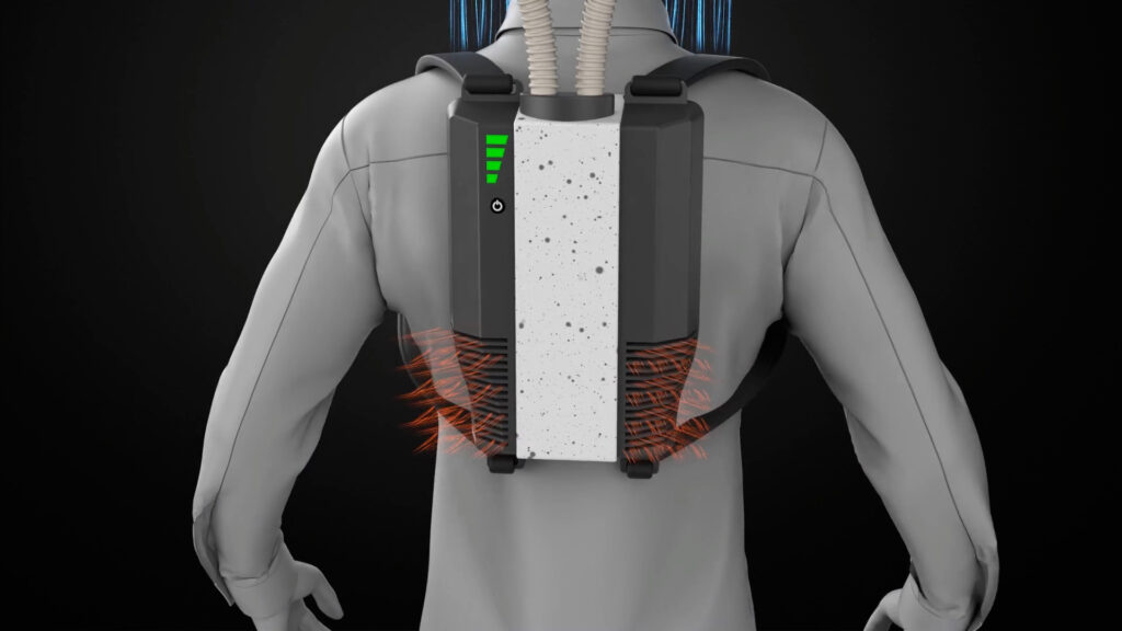 Taza Aya’s Worker Wearable Protection device keeps airborne virus particles from reaching a workers mouth and nose with an air curtain. That air is pre-treated to kill any viruses.