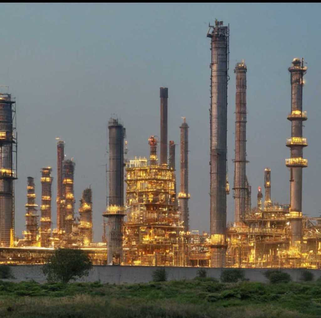 Figure 1: A large oil refinery complex with numerous tall, illuminated towers and pipelines set against a dusk sky. Courtesy: Nexgen