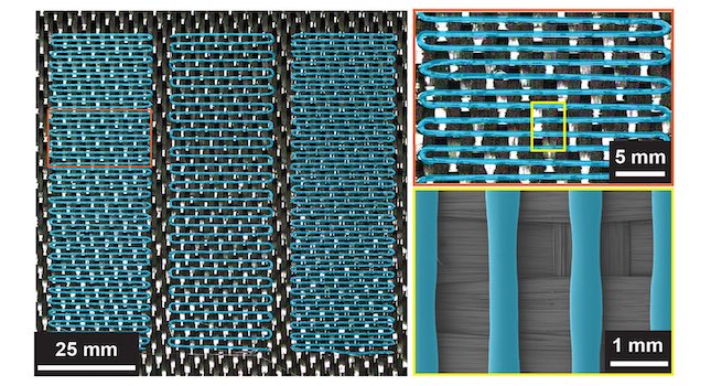 3D printed thermoplastic on woven-carbon fiber reinforcement. Courtesy: NC State University