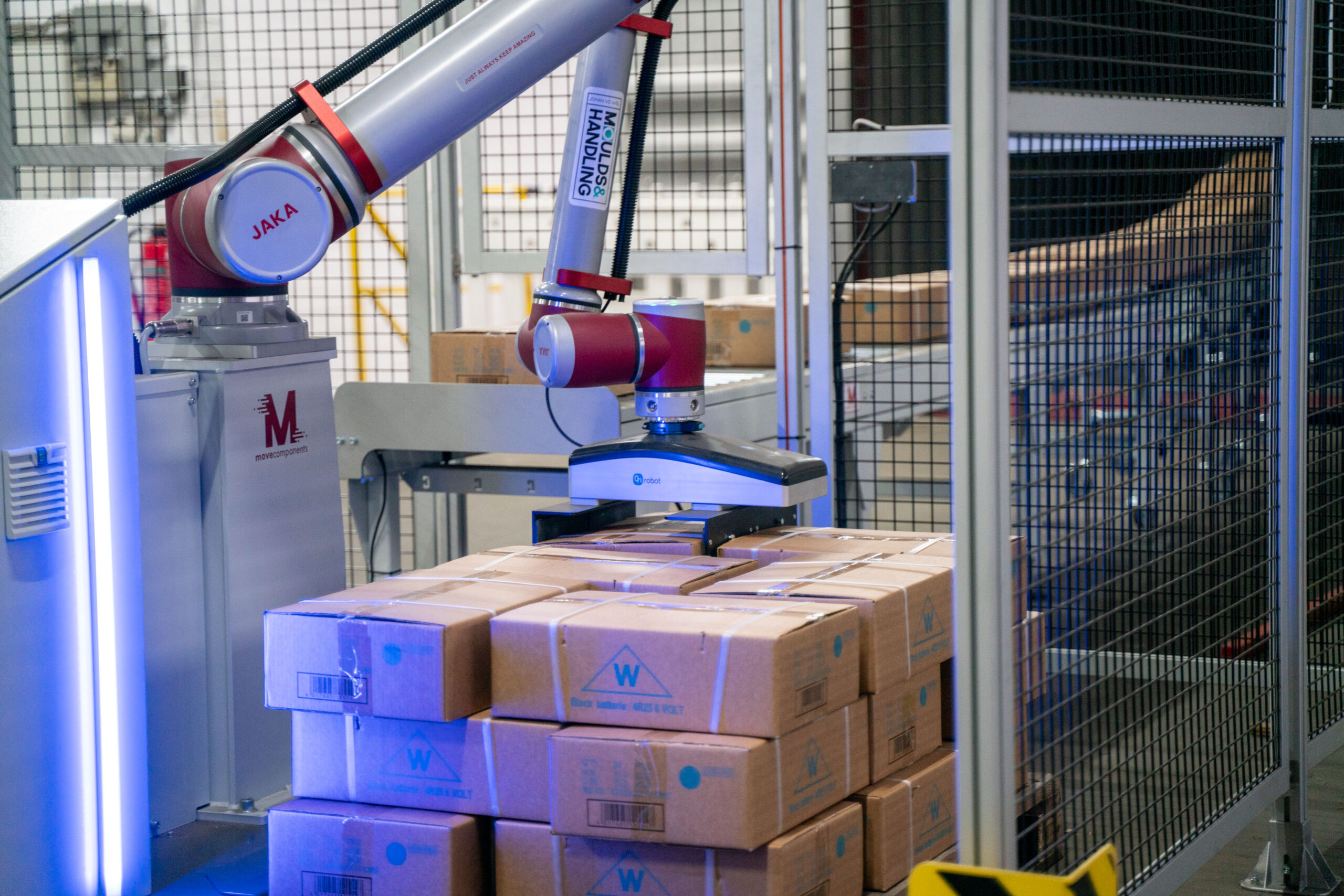 Figure 3: WEMAS Absperrtechnik GmbH replaced a repetitive and unergonomic manual depalletizing task with an off-the-shelfOff-the-shelf robotic palletizing solution powered by OnRobot’s user-friendly D:PLOY-platform. With same-day installation, the solution delivered $31,000 in annual cost savings at WEMAS. Courtesy: OnRobot When Schrobbelèr B.V., producer of an iconic Dutch herbal liquor, was ready to automate its palletizing tasks, the company needed an approach that could seamlessly integrate into existing operations. Like many companies in the beverage industry, Schrobbelèr had determined that manual palletizing posed ergonomic and productivity challenges.