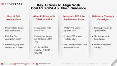 Figure 2: Infographic summarizing the actions needed to align with OSHA’s 2024 arc flash guidance. Courtesy: TRADESAFE