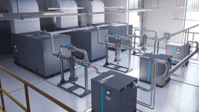 Figure 1: The ZH 630 oil-free centrifugal compressor with FD refrigerant dryer in a fully integrated 3D compressor room setup. Courtesy: Atlas Copco