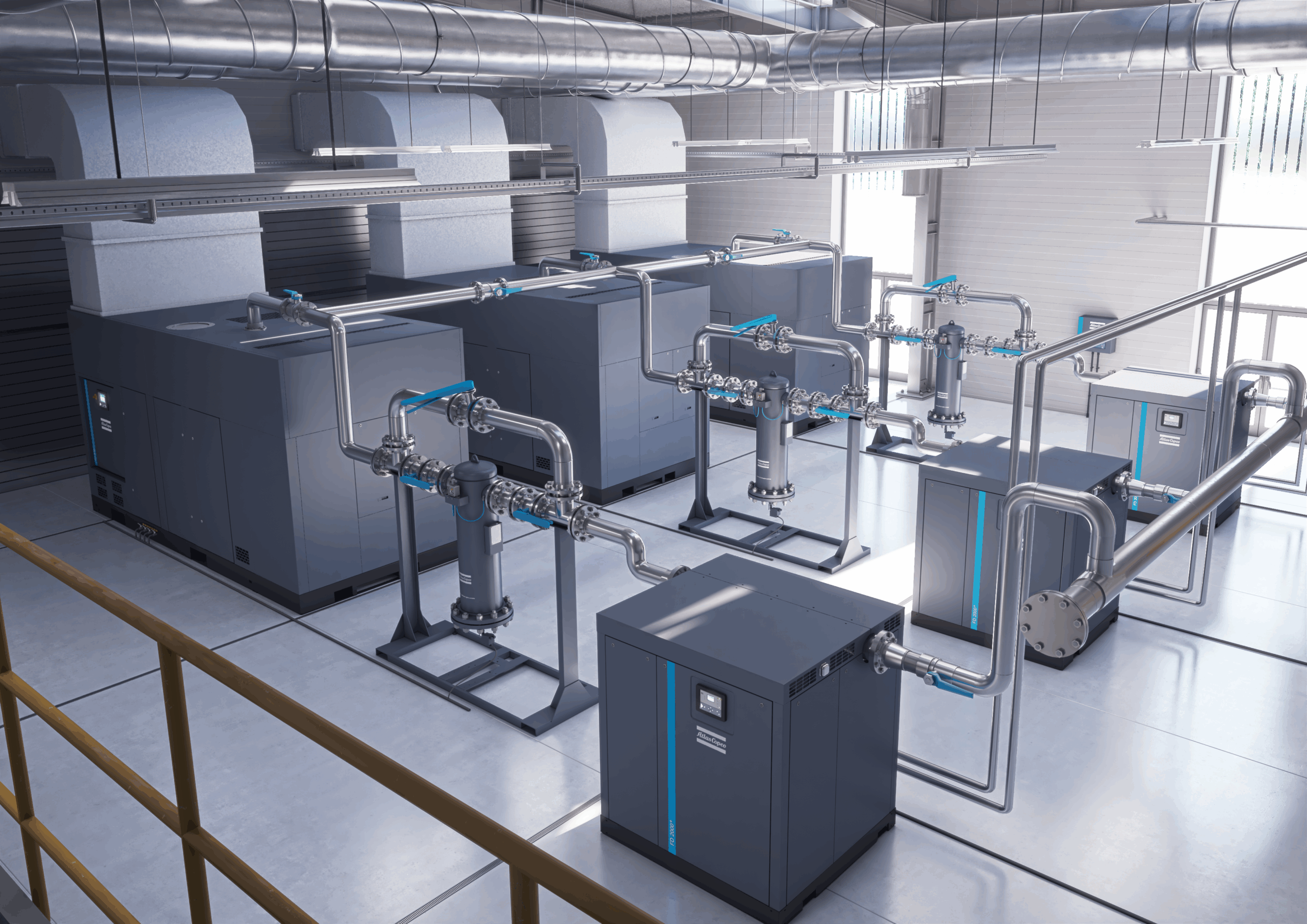Figure 1: The ZH 630 oil-free centrifugal compressor with FD refrigerant dryer in a fully integrated 3D compressor room setup. Courtesy: Atlas Copco