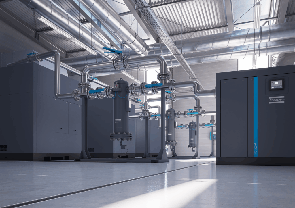 Figure 2: A 3D view of a compressor room featuring the ZH 630 oil-free centrifugal compressor paired with an FD refrigerant dryer for efficient, clean air delivery. Courtesy: Atlas Copco