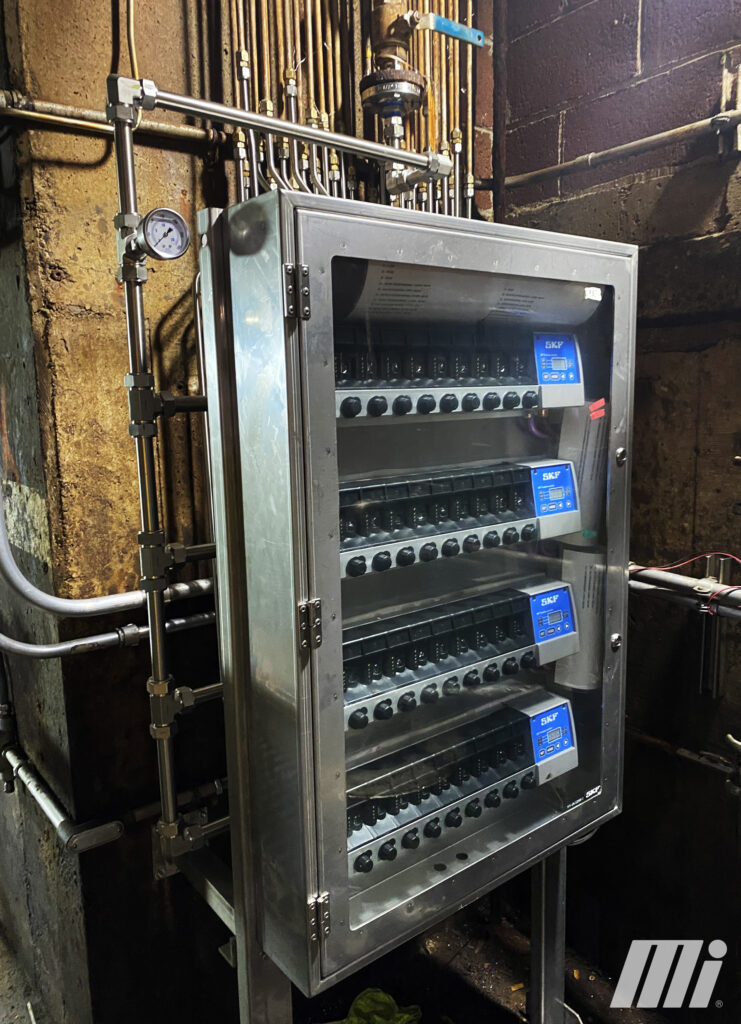 Figure 1: This four-bank, 40-point SKF Flowline Monitor series enclosure is shown newly installed in a paper mill. It is one of a network placed throughout the mill to precisely monitor and control lubricant flow, optimizing bearing performance and life. Courtesy: Motion