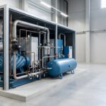 Large-scale industrial air compressor installation supporting energy-efficient factory utilities, pneumatic operations and manufacturing. Courtesy: Adobe Stock