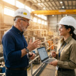 Senior male engineer in white hard hat and safety glasses discussing industrial project with young female colleague holding laptop on factory mezzanine walkway during production.