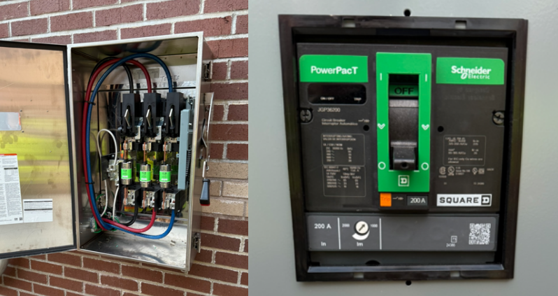 Figure 3: Examples of overcurrent protection devices, including a fused disconnect switch (left) and a Molded-Case circuit breaker (right), which automatically interrupt excessive current to protect electrical conductors and equipment from damage. Courtesy: CDM Smith