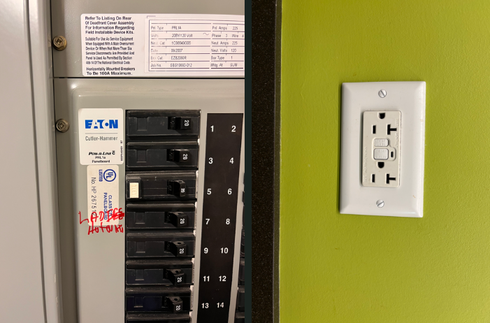 Figure 4: Example of layered personnel protection, showing an upstream arc fault circuit interrupter circuit breaker (left) supplying a downstream ground fault circuit interrupter receptacle (right) to mitigate arc-fault and ground-fault hazards. Courtesy: CDM Smith
