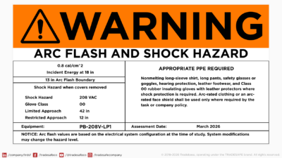 Figure 1: Sample arc flash label. Courtesy: TRADESAFE